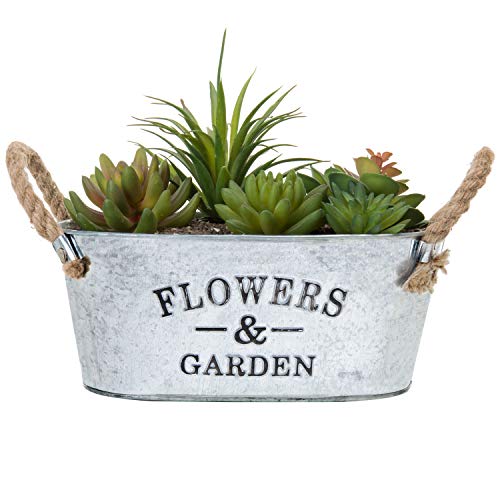 Product Cover MyGift Rustic 'Flowers & Garden' Bucket Design Small Metal Succulent Plant Container w/Twine Handles