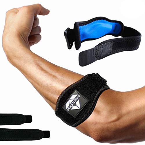 Product Cover Tennis Elbow Brace (2+2 Pack) for Tendonitis - Best Tennis & Golfer's Elbow Strap Band with Compression Pad - Relieves Forearm Pain - Includes Two Elbow Support Braces, Two Extra Straps & E-Guide