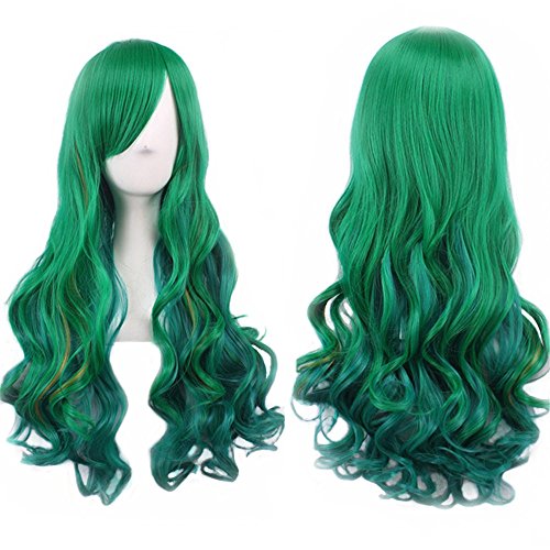 Product Cover Green Wig Halloween Costumes for Women Long Curly Hair Wigs Harajuku Lolita Cosplay Wig with Bangs Heat Resistant Synthetic Wigs 27.5 Inch By Bopocoko BU036D