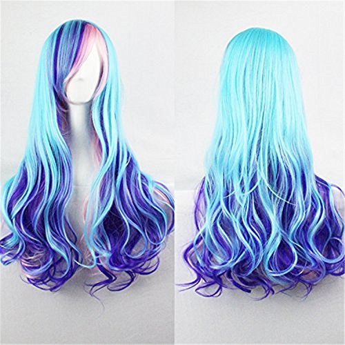 Product Cover Upgrade Version Women Wigs Gradient Long Curly Hair Cosplay Party Costume Wig with A Hairnet (Blue Mixed Pink) BU040