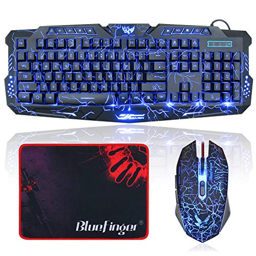 Product Cover BlueFinger Gaming Keyboard and Mouse,USB Wired Backlit Gaming Mouse and Keyboard Combo,Letters Glow, 3 Color Crack Backlit,Illumination Keyboard and Mouse Set for Game Work