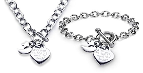 Product Cover Charm Bracelet & Necklace Set I Love You to the Moon and Back Heart Toggle Stainless Steel