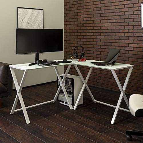 Product Cover Walker Edison Furniture Company Modern Corner L Shaped Glass Computer Writing Gaming Gamer Command Center Workstation Desk Home Office, 51 Inch, White