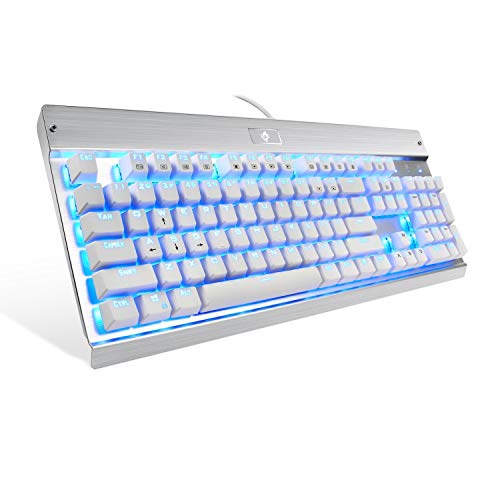 Product Cover Eagletec KG011 Mechanical Keyboard Blue Switches 104 Lighted Keys Natural Ergonomic Aluminum Design for Windows PC Office and Gaming (White Keyboard Blue LED Backlit)
