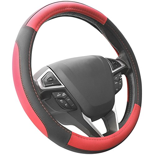 Product Cover SEG Direct Black and Red Microfiber Leather Auto Car Steering Wheel Cover Universal 15 inch