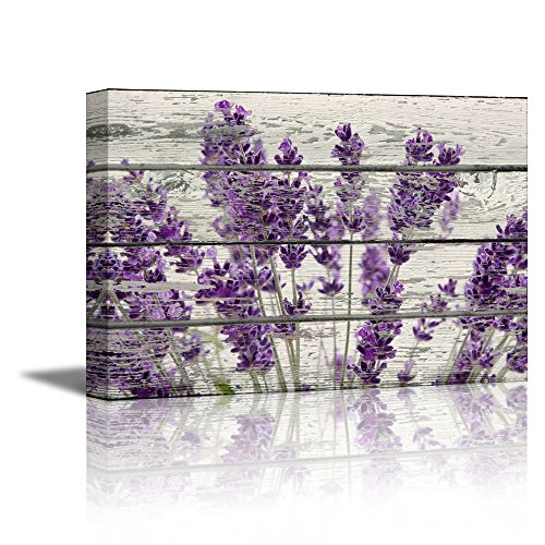 Product Cover wall26 Rustic Home Decor Canvas Wall Art - Retro Style Purple Lavender Flowers on Vintage Wood Background Modern Living Room/Bedroom Decoration Stretched and Ready to Hang - 16