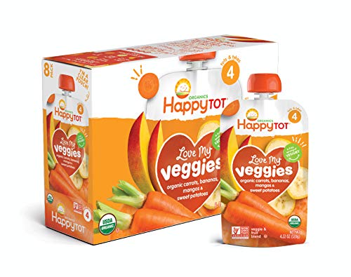 Product Cover Happy Tot Organic Stage 4 Baby Food Love My Veggies Carrot Banana Mango & Sweet Potato, 4.22 Ounce (Pack of 16) (Packaging May Vary)