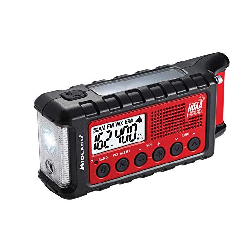 Product Cover Midland - ER310, Emergency Crank Weather AM/FM Radio - Multiple Power Sources, SOS Emergency Flashlight, Ultrasonic Dog Whistle, NOAA Weather Scan + Alert (Red/Black)