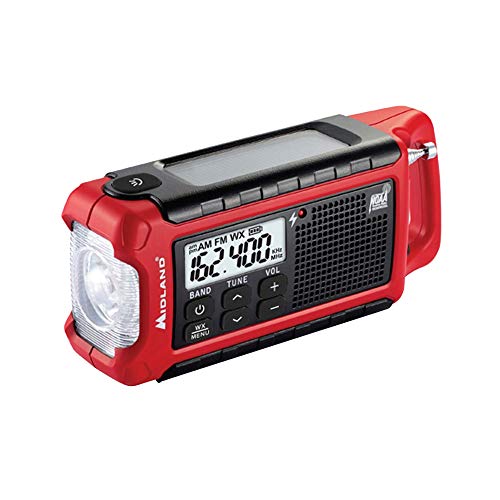 Product Cover Midland - ER210, Emergency Compact Crank Weather AM/FM Radio - Multiple Power Sources, SOS Emergency Flashlight, NOAA Weather Scan + Alert, & Smartphone/Tablet Charger (Red/Black)