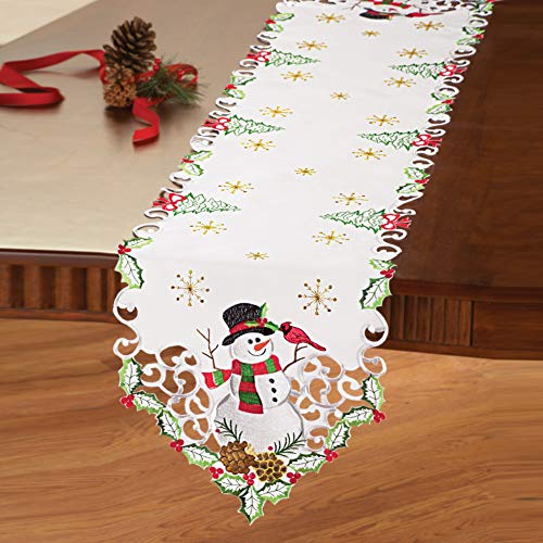 Product Cover Christmas Snowman and Cardinal Cutout Table Linens with Pinecones, Christmas Trees, and Bows- Holiday Decor for Dining Room