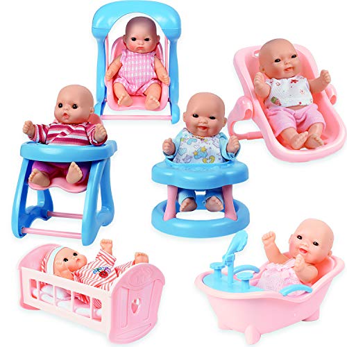 Product Cover WolVol Set of 6 Mini Dolls for Girls with Cradle, High Chair, Walker, Swing, Bathtub, Infant seat