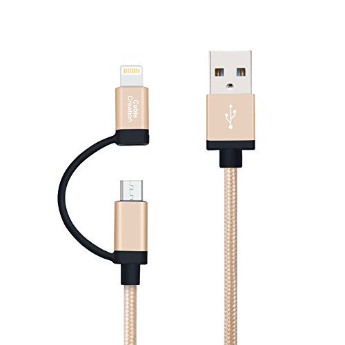 Product Cover CableCreation 4 Feet 2-in-1 Lightning and Micro USB to USB Data Sync Charge Cable, [MFi Certified] Compatible iPhone X/8/8 Plus/7/7 Plus, iPad, Samsung, Nexus, LG, HTC Android Phone, Gold/1.2M