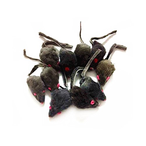 Product Cover 12 Piece Pack Rattle Furry Mice Cat Toy Realistic Fur Mice Squeak Toys, Color Varies