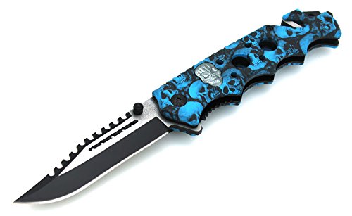 Product Cover Snake Eye Tactical Skull Zombie Slayer Grip Handle Assisted Opening Rescue Pocket Knife with Glass Breaker (Blue)