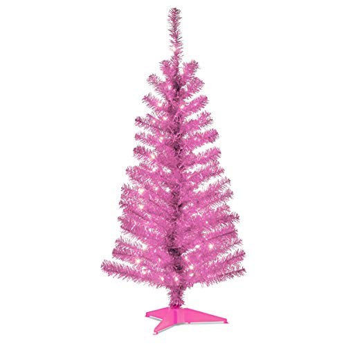 Product Cover National Tree 4 Foot Pink Tinsel Tree with Plastic Stand and 70 Clear Lights (TT33-306-40)
