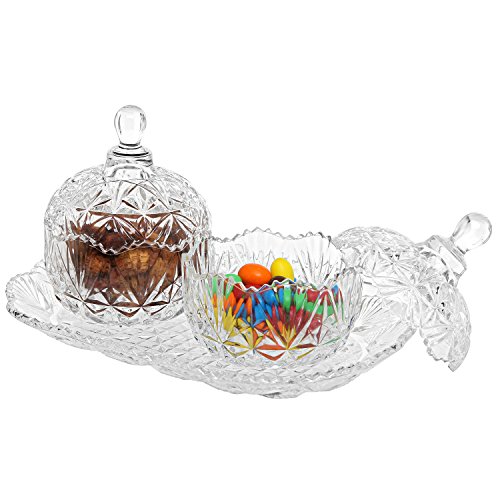 Product Cover MyGift 3-Piece Clear Glass Crystal Design 8 oz Sugar Bowls Set & Tray/Decorative Candy Dishes
