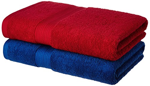 Product Cover Amazon Brand - Solimo 100% Cotton 2 Piece Bath Towel Set, 500 GSM (Iris Blue and Spanish Red)