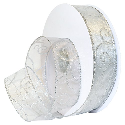Product Cover Morex Ribbon Swirl Wired Sheer Glitter Ribbon 1-1/2 inch by 50 yards, White/Silver
