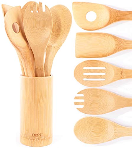 Product Cover Organic Bamboo Cooking & Serving Utensil Set By Neet - 6 Piece Set | Spoon & Spatula Mix | Utensil Holder Organizer | Non Stick Wooden Kitchen Gadgets | Great Gift For Chefs & Foodies