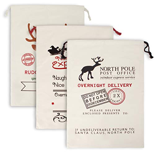 Product Cover HANTAJANSS Christmas Drawstring Bag Sika Deer Pattern Design Santa Claus Gift Present Canvas Sack Set of 3 27