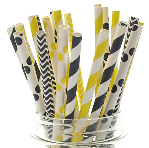 Product Cover Bumblebee Paper Straws, Black & Yellow Drinking Straws (25 Pack) - Summer Honey Bee Party Supplies - Stripe, Polka Dot, Chevron Straws