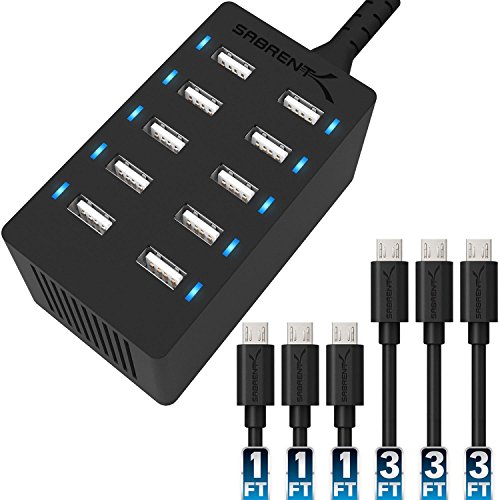 Product Cover Sabrent 60 Watt (12 Amp) 10-Port Family-Sized Desktop USB Rapid Charger. 6 Micro USB Cables [X3-3foot. and X3-1foot] Black (AX-TU63)