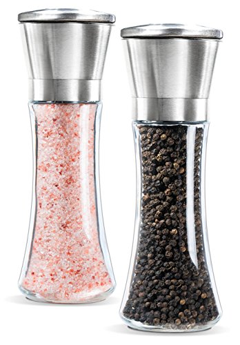 Product Cover Levav Premium Salt and Pepper Grinder Set of 2- Brushed Stainless Steel Pepper Mill and Salt Mill, 6 Oz Glass Tall Body, 5 Grade Adjustable Ceramic Rotor- Salt and Pepper Shakers