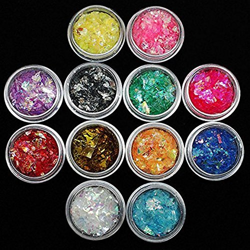 Product Cover QIMYAR 12 Colors Nail Glitter Ice Mylar Shell Foil Slice Nail Art Decoration Tools (12 color)