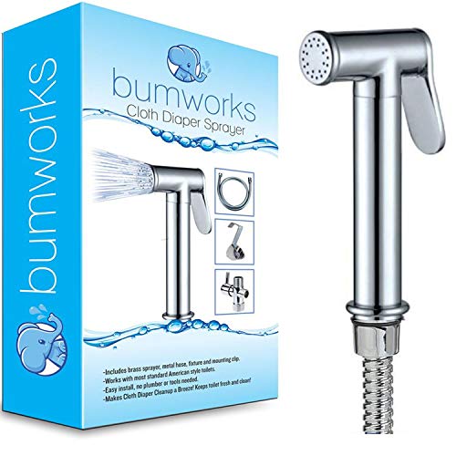 Product Cover Bumworks Cloth Diaper Toilet Sprayer Kit - Brass Chrome Hand Held Bidet w/Metal Hose, T-Valve (7/8 inch), and Mounting Clip Attachment Adapter (3-Way Valve)