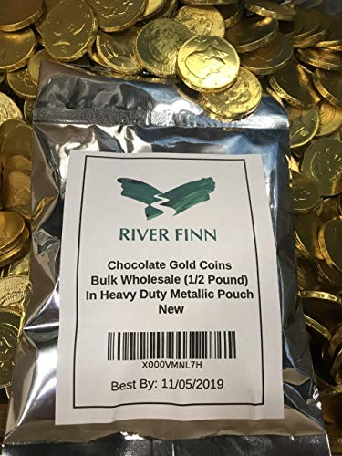 Product Cover RiverFinn Solid Milk Chocolate Large Kennedy Foil Wrapped Gold Coins (1/2 Pound - 8 Oz). Perfect for Parties, Gifts, Favors, Game Nights, Pirate Theme, Christmas, Hanukkah, St. Patrick's Day & more!