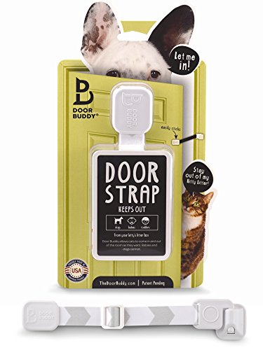 Product Cover Door Buddy Adjustable Door Strap and Latch - Grey. Dog Proof Litter Box The Easy Way. No Need for Pet Gates or Interior Cat Door. Use This to Keep Dog Out of Litter Box and Cat Feeder.