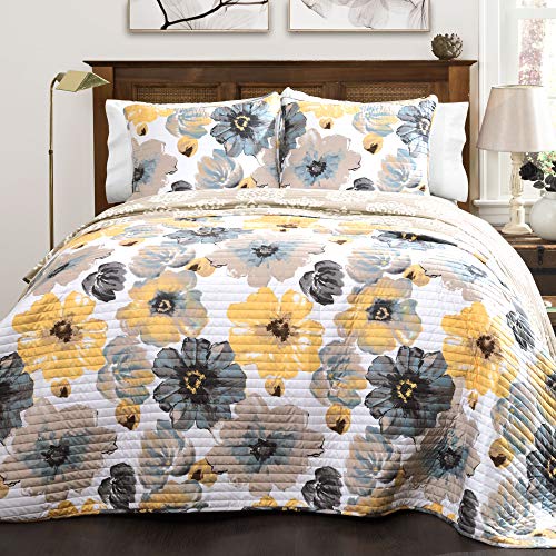 Product Cover Lush Decor Leah Quilt Floral Yellow and Gray 3 Piece Reversible, King, Yellow & Gray