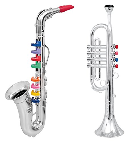 Product Cover Click n' Play Set of 2 Musical Wind Instruments for Kids - Metallic Silver Saxophone and Trumpet Horn