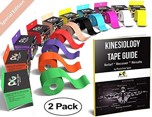 Product Cover Physix Gear Sport Kinesiology Tape (2 Pack or 1 Pack), Best Waterproof Muscle Support Adhesive, 2in x 16.4ft Roll Uncut, Physio Therapeutic Aid for Injury Recovery, Free 82pg E-Guide -Beige 2 Pack