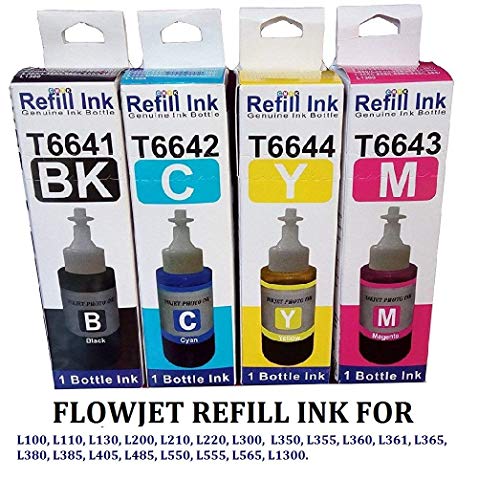 Product Cover Flowjet Refill Ink Bottle for Epson Printer L100/L110/L130/L200/L210/L220/L355 (Pack Of 4) (Multicolor)