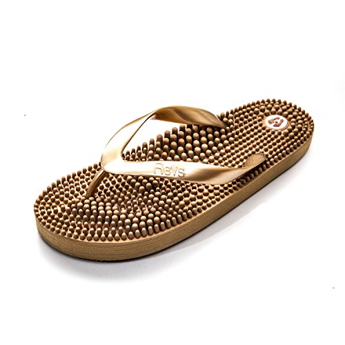 Product Cover Revs Premium Massage Health Flip Flops in Metallic Gold. Reflexology & Acupressure Footbed, Natural Therapy to Stimulate Pressure Points for Better Circulation, Pain Relief & Recovery