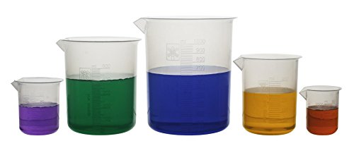 Product Cover 5 Piece Premium Laboratory Plastic Beaker Set, Made of High Clarity Polypropylene with Raised Graduations, 50 mL, 100 mL, 250 mL, 500 mL, and 1000 mL (Autoclavable)