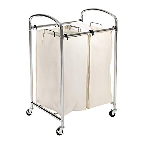 Product Cover Seville Classics Mobile 2-Bag Compact Laundry Hamper Sorter Cart, Chrome