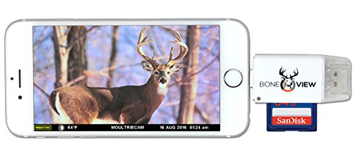 Product Cover BoneView SD MicroSD Card Reader for Apple iOS, Trail Cam Viewer Plays Deer Hunting Game Camera Scouting Video & Photo Memory on iPad iPhone 5, 6, 7, 8, X - Plus Free Lightning Extender & App