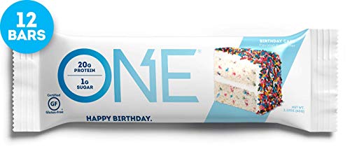 Product Cover ONE Protein Bars, Birthday Cake, Gluten Free Protein Bars with 20g Protein and only 1g Sugar, Guilt-Free Snacking for High Protein Diets, 2.12 oz (12 Pack)