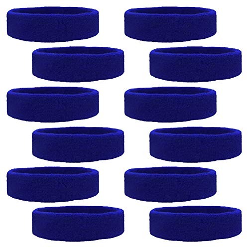Product Cover Kenz Laurenz 12 Sweatbands Cotton Sports Headbands Terry Cloth Moisture Wicking Athletic Basketball Headband (12 Pack) (Blue 12 Pack)