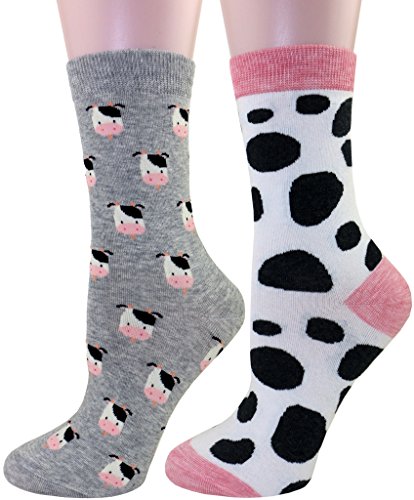 Product Cover Carahere Women's Cotton Animal Print Patterned Soft Fun Crew Socks 2 Pairs Cow Patterned