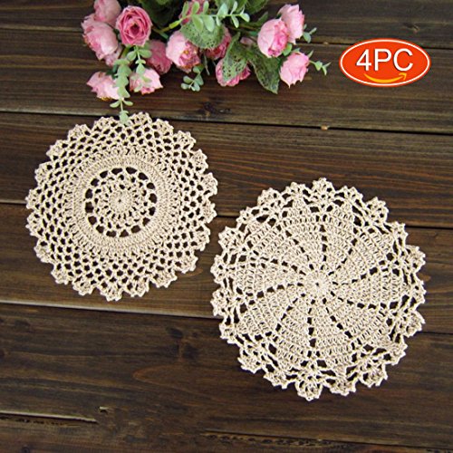 Product Cover Elesa Miracle 7 Inch 4pc Handmade Round Crochet Cotton Lace Table Placemats Doilies Value Pack, Mix, Beige (4pc-7 Inch Beige)