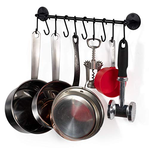 Product Cover Wallniture Gourmet Kitchen Rail Pot Pan Lid Organizer Rack with 10 Hooks Black 16
