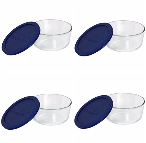 Product Cover Pyrex Storage Plus 7-cup Round Glass Food Storage Dish Blue Plastic Covers (Pack of 4 Containers)