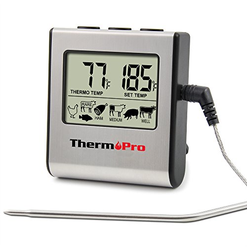 Product Cover ThermoPro TP-16 Digital Cooking Food Meat Thermometer for Smoker Oven Kitchen Candy BBQ Grill Thermometer Clock Timer with Stainless Steel Temperature Probe, Large LCD Display, Standard, Silver