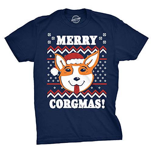 Product Cover Mens Merry Corgmas Tshirt Corgi Pet Dog Ugly Christmas Sweater Tee (Navy) - M
