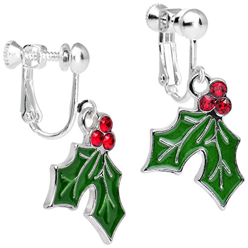 Product Cover Body Candy Silver Plated Green Holiday Holly Clip On Earrings Created with Swarovski Crystals 1