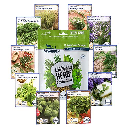 Product Cover 10 Variety Culinary Herb Collection and 96 Page Growing Guide - Non GMO Heirloom Basil, Thyme, Rosemary, Oregano, Parsley, Lavender, Sage, Cilantro, Chives, Dill
