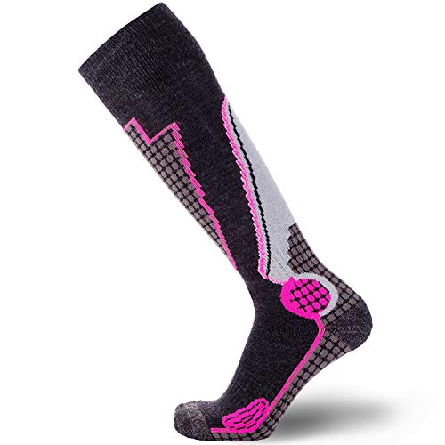 Product Cover High Performance Wool Ski Socks - Outdoor Wool Skiing Socks, Snowboard Socks (Black/Grey/Neon Pink, Medium)